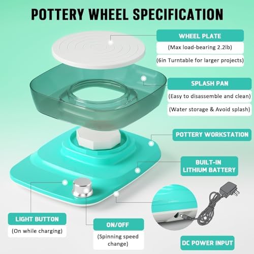 Pottery Wheel for Adults Beginners Kids - 6" Variable Speed Pottery Wheel Tool Kit, RPM Speed Adjustable with Rechargeable Battery, 1.8 Lb Air Dry Clay, Art Supplies, Crafts for Adults Teenager - Image 3