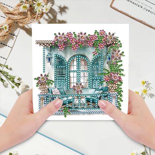 6 Pcs Window Terrace Sofa Flower Diamond Art Greeting Cards for Adults & Beginners, DIY Crystal Rhinestone Gem Art Painting Kit with Envelopes, Creative Craft Gift for Birthday Wishes Party Favors - Image 5