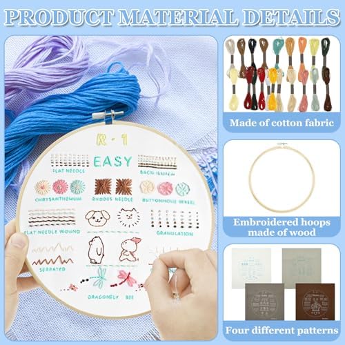 4 Sets Embroidery Kit for Beginners Including Embroidery Cloth with Patterns Thread Complete Sewing Practice Set for Adults DIY Craft,Easy to Learn 38 Different Stitches - Image 4