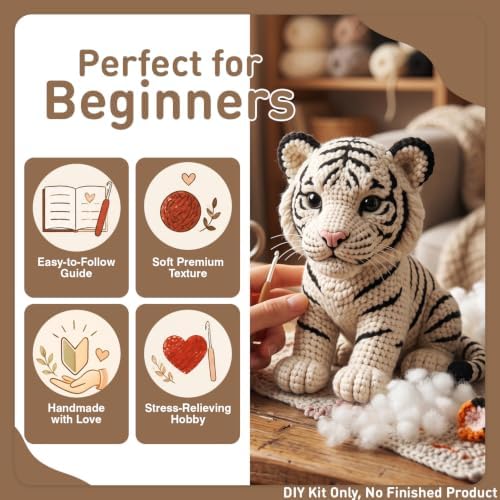 FACE N FACE DIY Crochet White Tiger Kit for Beginners – Amigurumi Tiger Cub Stuffed Animal Knitting Kit with Yarn, Hook & Step-by-Step Instructions – Easy Beginner Crochet Animal Craft for Adults - Image 5