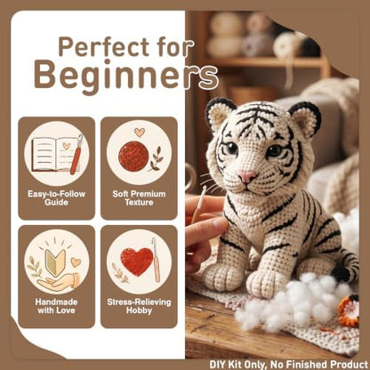 FACE N FACE DIY Crochet White Tiger Kit for Beginners – Amigurumi Tiger Cub Stuffed Animal Knitting Kit with Yarn, Hook & Step-by-Step Instructions – Easy Beginner Crochet Animal Craft for Adults - Image 5