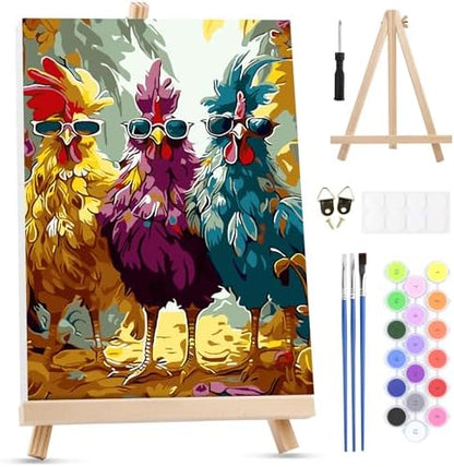 MXJSUA Three Chickens Framed Paint by Numbers Kit for Adults Beginner with Wooden Easel, Adults' Paint-by-Numbers on Canvas, Easy DIY Acrylic Number Painting for Home Decor Gifts, 8x12 inch by MXJSUA-DiamondPaintingkits