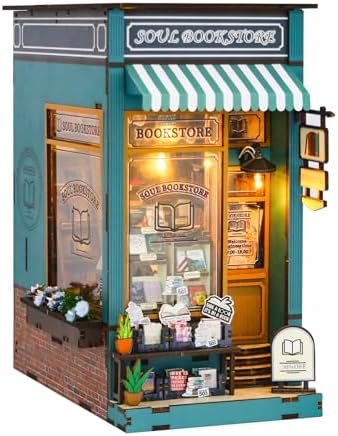 Book Nook Kit, 3D Wooden Puzzles Bookstore Miniature House with LED Light by FEIMUOSI