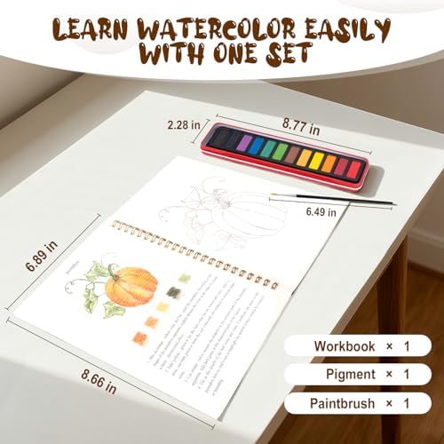 Watercolor Workbook for Adults, Beginner Friendly Watercolor Painting Kit Autumn Water Coloring Book, Nature-Themed Practice Art Gift Water Color Paint Book with Palette and Brush - Image 3