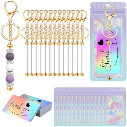 42/84/126 Pcs Beadable Keychain Bars Bulk Blank DIY Beaded Keychain Making Supplies with Bag Thank You Card by Unknown