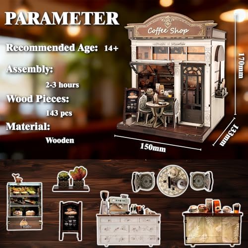 3D Wooden Coffee Shop Book Nook Kit - DIY Miniature Model with LED Lights, 143 Precision-Cut Pieces for Adults & Teens (1:24 Scale, Stress Relief Craft Gift) - Image 3