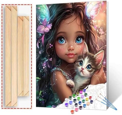 DIY Paint by Number for Adults African American Expression Painting Acrylic Paint African Black Girl DIY Digital Oil Painting Kits Child and Cat Canvas Wall Art Living Room Decor 16x20 Inch（DlY Frame by TUMOVO