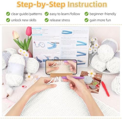 Aeelike Crochet Blanket Kit for Beginners, Easy Soft Crochet Kit, White - Image 4
