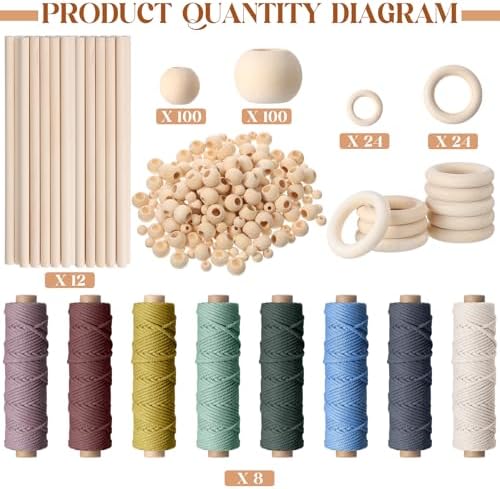 Wesnoy 268 Pcs Macrame Kits for Adults Beginners Weaving Supplies with 3 mm Macrame Cord Cotton, Wooden Beads, Wooden Rings and Sticks for DIY Plant Hangers Wall Hangings, No Insturctions(Colorful) - Image 2
