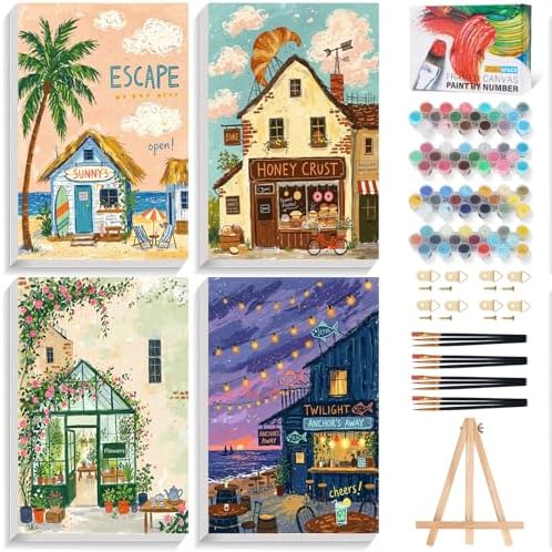 4 Pack Framed Paint by Numbers Kit for Adults Beginner with Wooden Easel, Landscape Easy Paint by Numbers with Frame, DIY Adult Paint by Numbers Kits on Canvas Framed for Home Decor Gift 8x12 Inch by Unknown