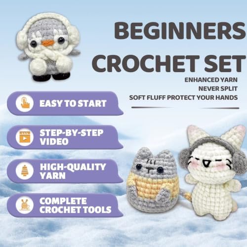 YAMAXIN Animal Crochet Kit for Beginners-3 Pack Rabbit Cat Penguin Easy Learn to Starter Amigurumi Knitting Kit and Yarn Craft Kits for Adults DIY with Step-by-Step Video Tutorials - Image 4