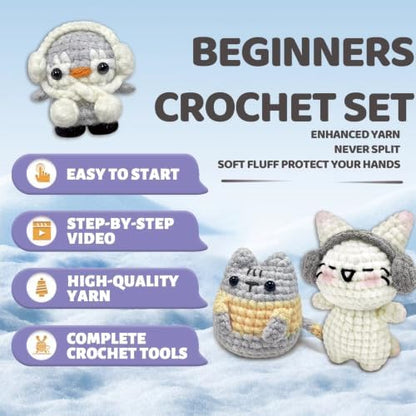 YAMAXIN Animal Crochet Kit for Beginners-3 Pack Rabbit Cat Penguin Easy Learn to Starter Amigurumi Knitting Kit and Yarn Craft Kits for Adults DIY with Step-by-Step Video Tutorials - Image 4