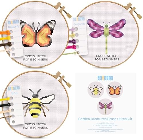Kraftex Floral Stamped Cross Stitch Kits for Beginners - 3 Pack. DIY Embroidery Needlepoint Patterns for Adults. Easy Cross Stitch Kits for Beginners (Garden Creatures) by Kraftex