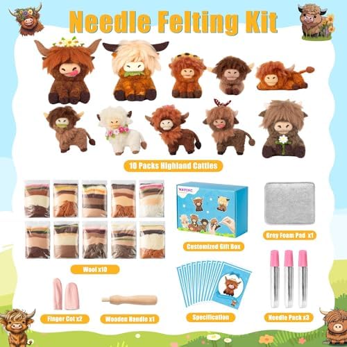 WATINC Highland Cow Needle Felting Kit - Set of 10 Different Highland Cow Doll Wool Felt Needle Felting Tools Foam Pad, DIY Home Decoration Needle Felting Craft Party Supplies for Beginners (30Pcs) - Image 2