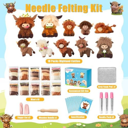 WATINC Highland Cow Needle Felting Kit - Set of 10 Different Highland Cow Doll Wool Felt Needle Felting Tools Foam Pad, DIY Home Decoration Needle Felting Craft Party Supplies for Beginners (30Pcs) - Image 2