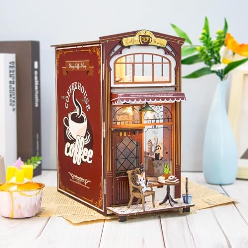DIY Book Nook Kit Coffee Shop 3D Puzzle Wooden Dollhouse with LED Lights - Image 2