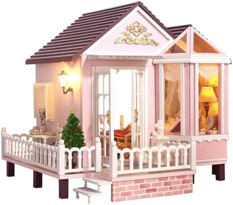 CUTEROOM DIY Miniature Dollhouse Kit – Pink Dream House with Furniture LED by CUTEROOM
