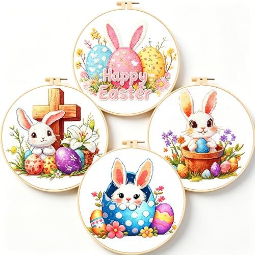 Zhenging Easter Cross Stitch Kit with 4 Bunny & EggPatterns -9.45x9.45 Inch Hoop, Pre-Printed Fabric,Threads, Tools -DlY Easter Craft Gift for Adults, HomeDecor by ZhenqingHomeFlagship