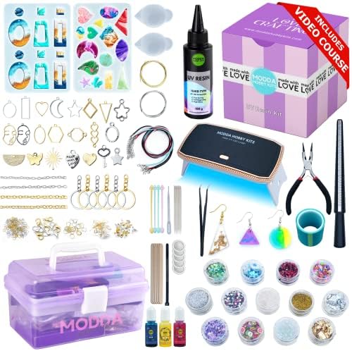 MODDA UV Resin Jewelry Making Kit, UV Lamp & Video Course Included, DIY Resin Kit for Adults, Teen Girls, Beginners with Molds, Glitters & Accessories by MODDAHOBBYKITS