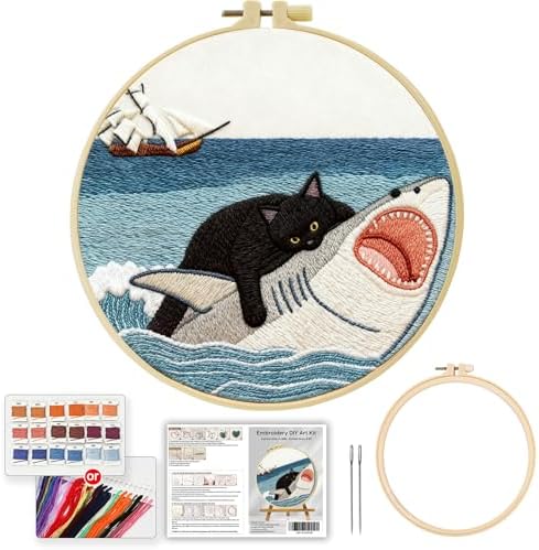 Black Cat Riding a Shark and a Sailboat Stamped Pattern Embroidery Kit for Beginners Adults Includes Cloth,Hoop,Color Threads,Needles and Instruction,Lover Hand Stitch with Embroidery Skill Techniques - Image 2