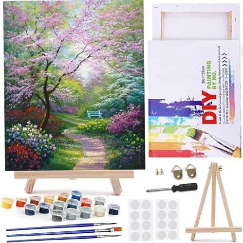 MaiMMaledy Paint by Numbers Kit 8Lx12W inch for Adults Beginners Canvas Pictures with Framed Drawing Painting Acrylic Pigment with Wooden Triangle Easel Garden Path by MaiMMaledy