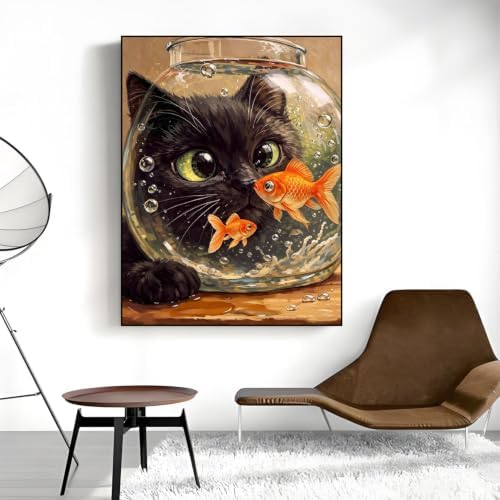 Cat Goldfish Paint by Numbers Kit for Adults Framed Canvas, Frameworkless - Image 5