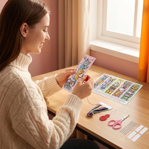 5pc Cat Bookshelf Stamped Cross Stitch Embroidery Kit for Adult Beginners - Image 4
