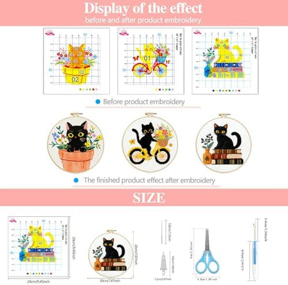 Zhenqing 3-Piece Black Cat Cross Stitch Kit for Beginners - Complete Set with Pre-Printed 11CT 24x24cm Fabric, Hoop, Threads & Tools (3 Adorable Cat Designs)(70403) - Image 4