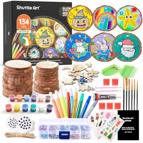 Kids Wood Painting Craft Kit, Glow-in-the-Dark Paint and Diamond Painting on Wood Slices with Stickers & Wiggle Eyes, Ideal Arts and Crafts for Kids Ages 5-12, Gifts for Halloween, Christmas, Birthday by ShuttleArt