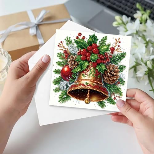 6Pcs Christmas Greeting Card DIY Diamond Art Painting Greeting Cards Blessing Folding Card Kit with White Envelopes Diamond Arts Crafts for Birthday Festival Gift-Bell - Image 6
