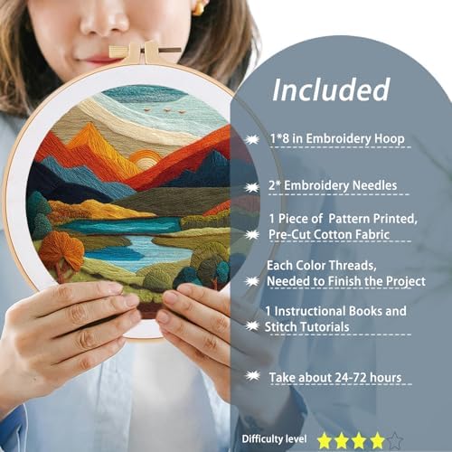 FONNUY Embroidery Kit for Beginners, Brightly Colored Landscape Lake Pre-Stamped Pattern Kits for Adults with Hoop, Easy to Follow Color Thread Needlework, 8'' Hoop (Darkblue) - Image 2