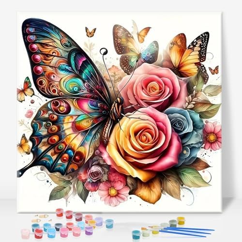 Framed Paint by Numbers Kit for Adults, Butterfly & Roses, 10 x 10 Inch by GEEHEIY