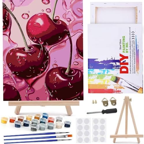 MaiMMaledy Paint by Numbers Kit 8Lx12W inch for Adults Beginners Canvas Pictures with Framed Drawing Painting Acrylic Pigment with Wooden Triangle Easel Cherry by MaiMMaledy