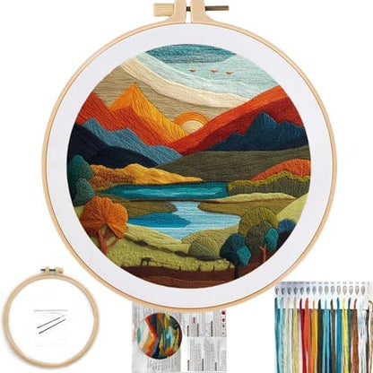 FONNUY Embroidery Kit for Beginners, Brightly Colored Landscape Lake Pre-Stamped Pattern Kits for Adults with Hoop, Easy to Follow Color Thread Needlework, 8'' Hoop (Darkblue) by FONNUY