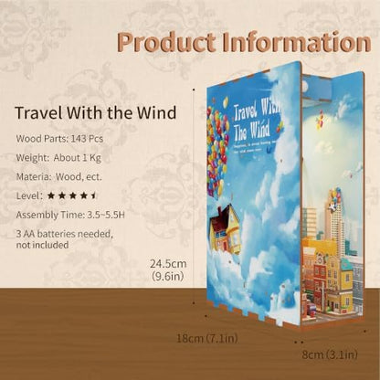 Tonecheer DIY Book Nook Kit for Adults,3D Wooden Puzzle Bookend Bookshelf Insert Library Decor, Booknook Miniature House Kit with Body Motion Sensor LED Light (Travel with The Wind) - Image 3