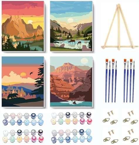 4 Pack Paint by Numbers Kit for Adults Framed Canvas with Wooden Easel by VIGEGU