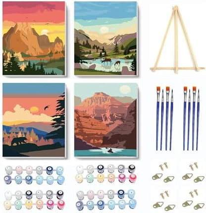 4 Pack Paint by Numbers Kit for Adults Framed Canvas with Wooden Easel by VIGEGU