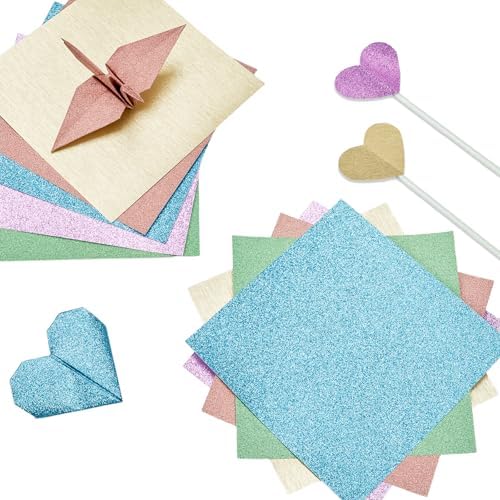 JoyCat Pastel Glitter Origami Paper, 50 Sheets, 5 Colors, 6x6 Inch - Image 2
