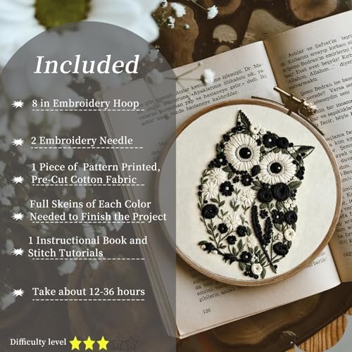 FONNUY Floral Owl Embroidery Kit for Beginners, DIY Handmade Flower Animal Embroidery Set with Hoop, Stamped Cross Stitch Kit for Adults, Unique Home Wall Art Decor & Craft Gift (Black) - Image 2