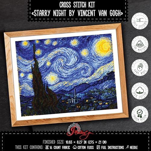 Povitrulya Counted Cross Stitch Kit for Adults 'Starry Night' by Vincent Van Gogh - Impressionist Art - Embroidery Set with Pattern, Famous Painting Design - Image 2