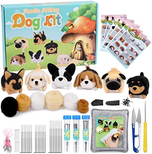Needle Felt Starter Kit, 6 Pieces Dog Wool Needle Felting Kit, Needles Felting Supplies with Instruction,Felting Foam Mat, Wool Felting Kit for DIY Craft Animal Home Decoration by DUKOIPP