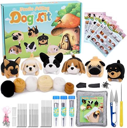 Needle Felt Starter Kit, 6 Pieces Dog Wool Needle Felting Kit, Needles Felting Supplies with Instruction,Felting Foam Mat, Wool Felting Kit for DIY Craft Animal Home Decoration by DUKOIPP