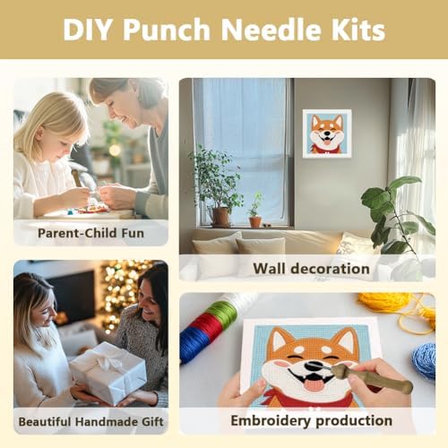 Doodlream Happy Shiba Inu Needle Kit for Beginner, 9.4"x 9.4" Cute Dog Punch Stitching Craft Set, DIY Embroidery Starter with Printed Frame, Instruction, Threader, Yarn, Pinch Needle - Image 4