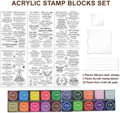 6Pcs Christian Bible Verse Clear Stamps for Card Making Easter Blessing 20 Craft Ink Pad 3 Acrylic Stamp Block Silicone Stamp with Greeting Words Rubber Stamps for Crafting DIY Scrapbooking - Image 2