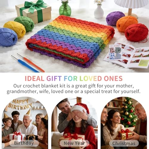 HUYEIOBGD Crochet Blanket Kit for Beginners – Easy Crochet Starter Kit for Adults & Kids, Colorful Rainbow Stripe Yarn, Complete Crochet Supplies with Step-by-Step Video Instructions - Image 7