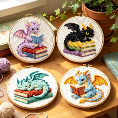 INFUNLY 4 Set Dragon Books Punch Needle Kit for Beginners Cute Wing Dragons Punch Needle Embroidery Starter Kit 8.7×8.7Inch DIY Needlepoint Set with Instruction for Festival Gift Home Decor - Image 5