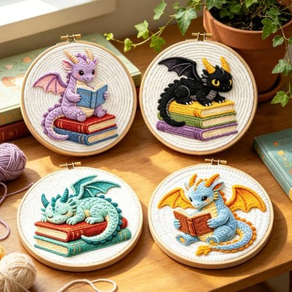 INFUNLY 4 Set Dragon Books Punch Needle Kit for Beginners Cute Wing Dragons Punch Needle Embroidery Starter Kit 8.7×8.7Inch DIY Needlepoint Set with Instruction for Festival Gift Home Decor - Image 5