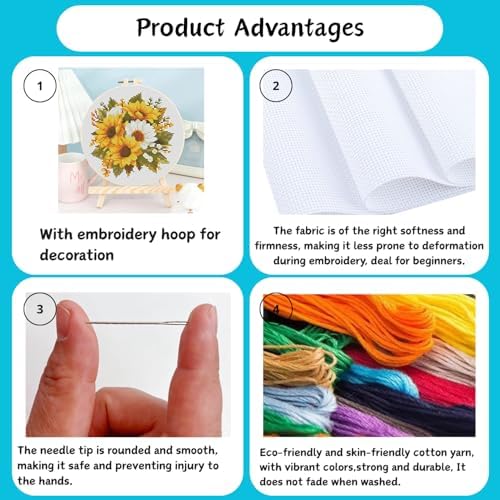 TCDZMYGS 3 Pack Flower Cross Stitch Kits for Beginners,with Hoop 8x8in - Image 4