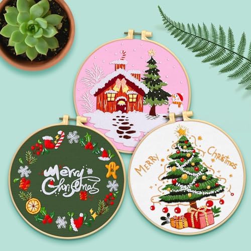 ERKOON 5 Sets Embroidery Kit for Beginners, Christmas Cross Stitch Set with Easy Pattern Embroidery Cloth Hoops Threads for Craft Lover Hand Stitch - Image 6