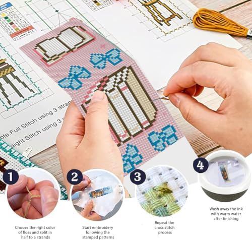 KYOQFVN 6 Pcs Pink Cross Stitch Bookmark Kit for Beginner, 14 CT Bow Stamped Cross Stitch Kits, Stamped Embroidery Bookmark Kit with Instructions Hand Craft - Image 3